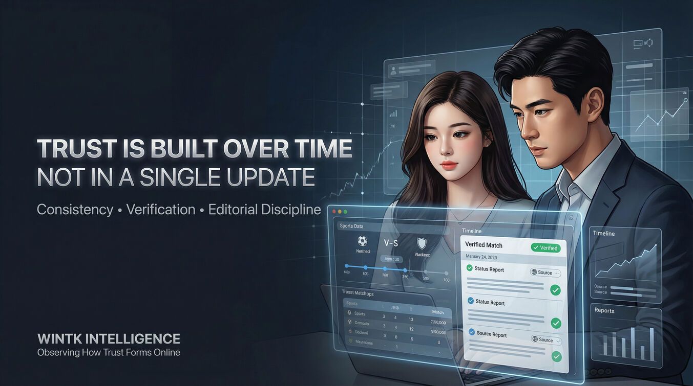 Editorial illustration of readers reviewing structured sports information on digital interfaces, representing how trust in online sports media is built through consistency and verification over time.
