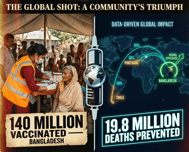 Healthcare worker vaccinating patient at rural Bangladesh clinic amid global COVID vaccination campaign coverage data 2021 2022