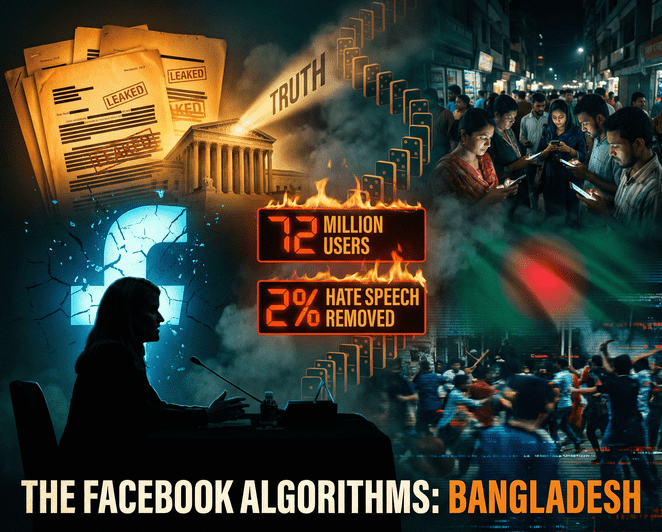 Frances Haugen testimony silhouette with Facebook logo and Bangladeshi smartphone users in the background