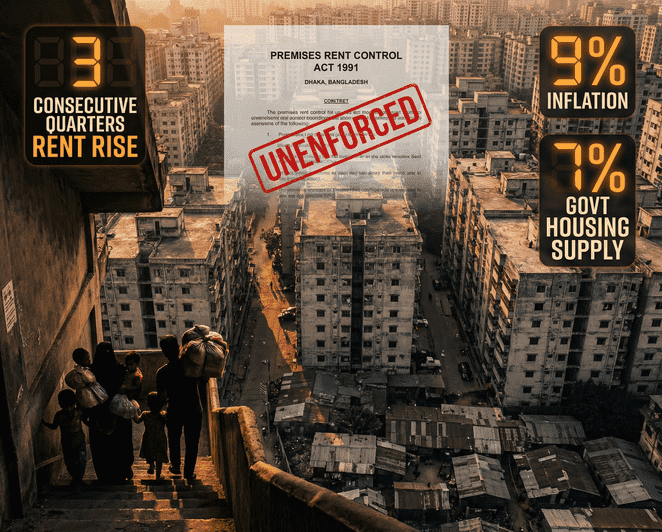 Crowded Dhaka residential neighbourhood with multi-storey rental buildings showing Bangladesh urban housing crisis and tenant pressure