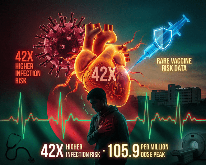 Medical infographic showing COVID-19 infection and vaccine myocarditis risk comparison for young people in Bangladesh