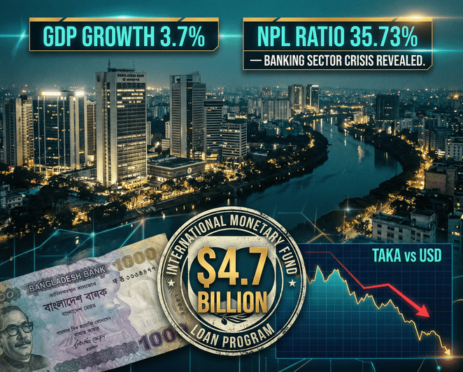 Bangladesh Bank headquarters Dhaka with IMF loan economic reform fiscal policy public debt data overlay 2023 2024