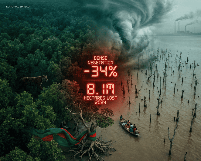 Aerial view of Sundarbans mangrove forest with receding tree line and flooded coastal land in Bangladesh