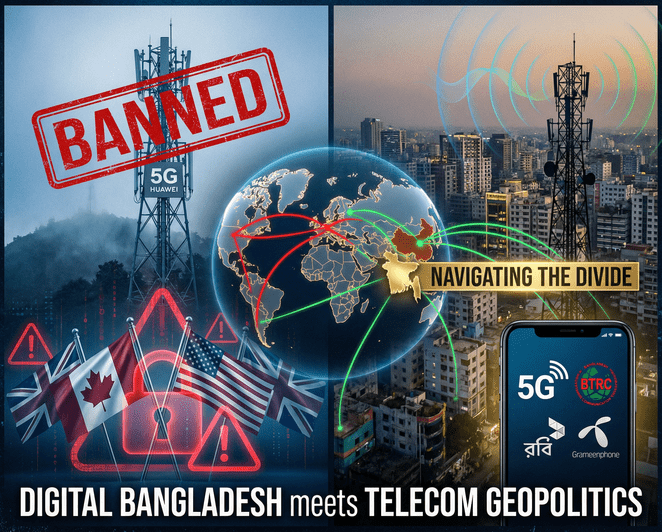 Huawei 5G network equipment alongside Bangladesh telecom infrastructure, representing the global telecom geopolitics debate and Bangladesh's digital connectivity development challenges