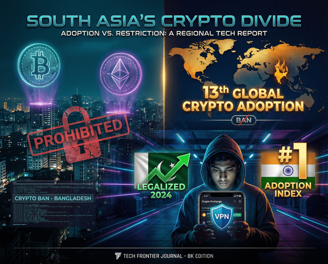 Young person in Bangladesh using smartphone for cryptocurrency trading despite official Bitcoin ban, with digital currency symbols overlay