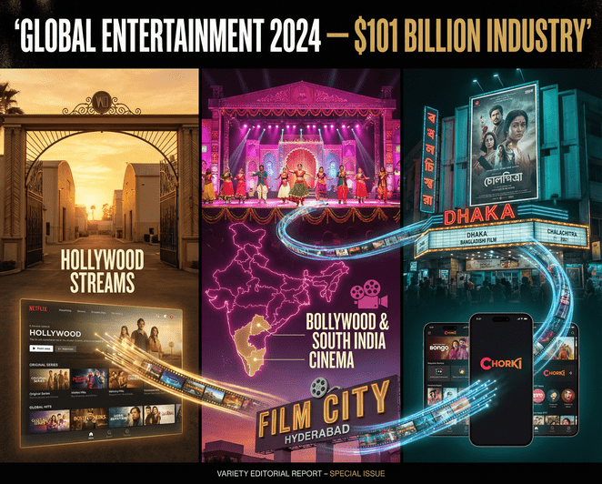 Collage of Hollywood Bollywood Dhallywood film posters with streaming platform logos and Bangladesh cinema audience 2024