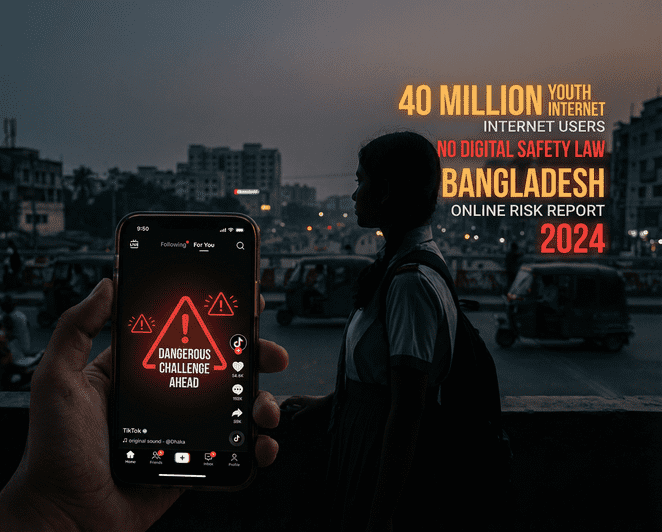 Young Bangladeshi teenager using smartphone TikTok app with warning overlay about dangerous viral challenges and digital safety