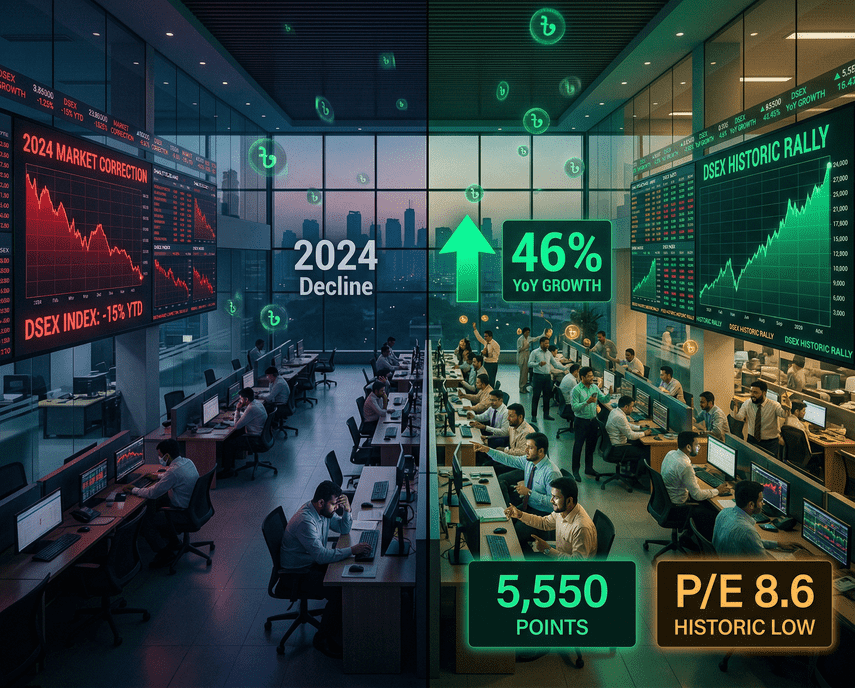 Dhaka Stock Exchange DSEX index 46 percent year on year rise 2026 Bangladesh capital market recovery post election