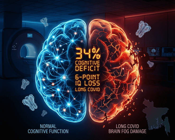 Brain scan illustration showing neuroinflammation pathways linked to long COVID cognitive impairment and brain fog