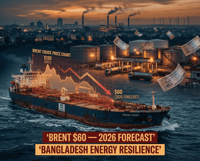 Oil refinery tanker and Bangladeshi taka currency with Brent crude price chart showing decline from 2022 spike to 2025 glut