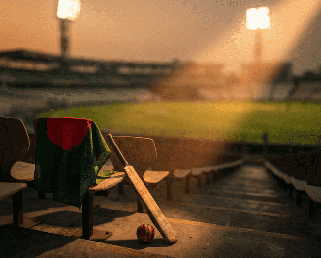 Empty cricket stadium seat with Bangladesh flag draped symbolizing Tigers absence from T20 World Cup 2026 after refusing to play in India