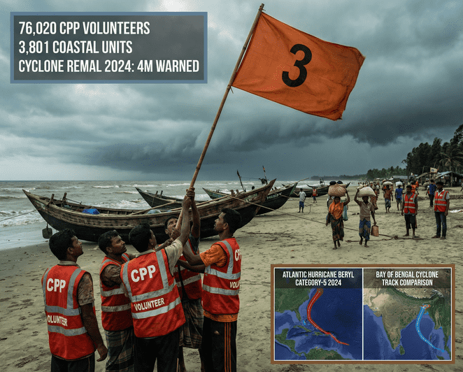 Bangladesh Cyclone Preparedness Programme volunteers raising warning flags on a coastal beach before storm landfall, with dark storm clouds approaching over the Bay of Bengal