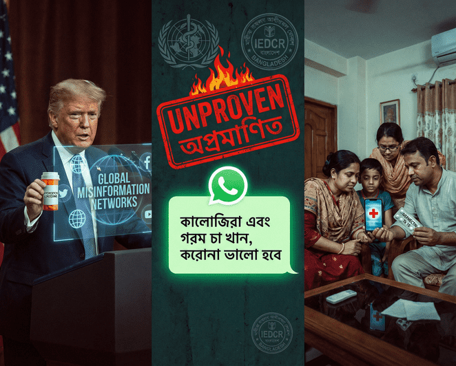 Symbolic image of COVID-19 misinformation in Bangladesh — hydroxychloroquine, ivermectin, and folk remedies that spread on WhatsApp before science debunked them