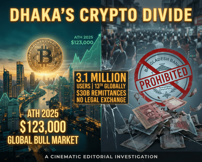 Bitcoin digital currency symbol over Dhaka city skyline representing Bangladesh crypto market restrictions and investor dilemma