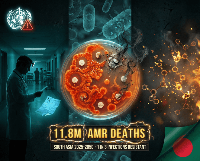 Visual representation of antibiotic resistance crisis in Bangladesh, showing bacterial resistance to first-line antibiotics against a backdrop of South Asia's projected 11.8 million AMR deaths by 2050