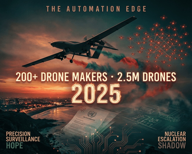 Military drone flying over South Asian coastline at sunset representing regional autonomous weapons buildup