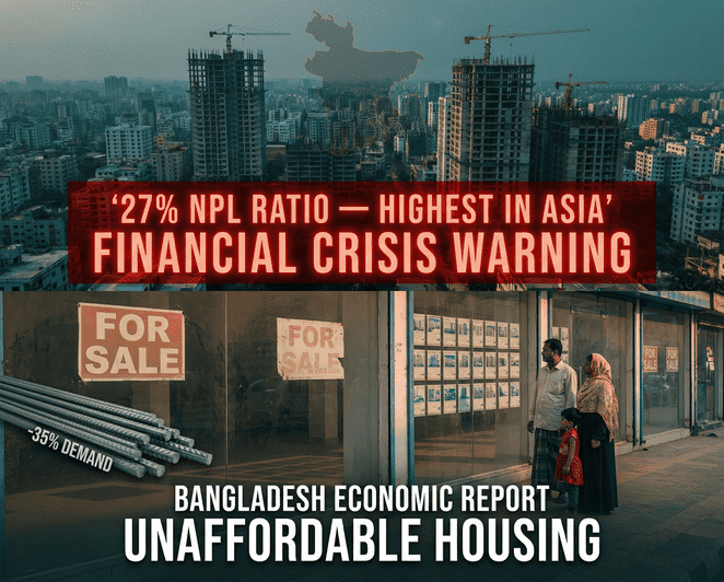 Under-construction apartment buildings in Dhaka Bangladesh with halted cranes amid housing market crisis and banking NPL surge