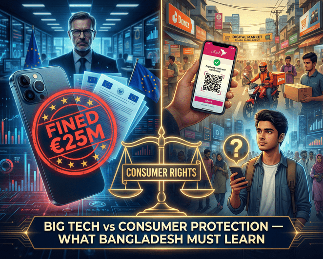 Apple iPhone with regulatory fine stamp alongside Bangladesh e-commerce consumer on smartphone, representing Big Tech accountability and digital consumer protection challenges