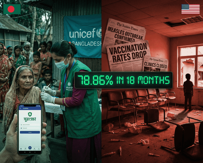 Bangladeshi health worker vaccinating a rural community resident, representing Bangladesh's achievement of 78.86% COVID double-dose coverage in 18 months against a backdrop of global vaccine hesitancy