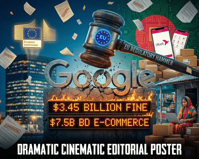 Google logo with EU regulatory gavel and Bangladesh digital economy symbols