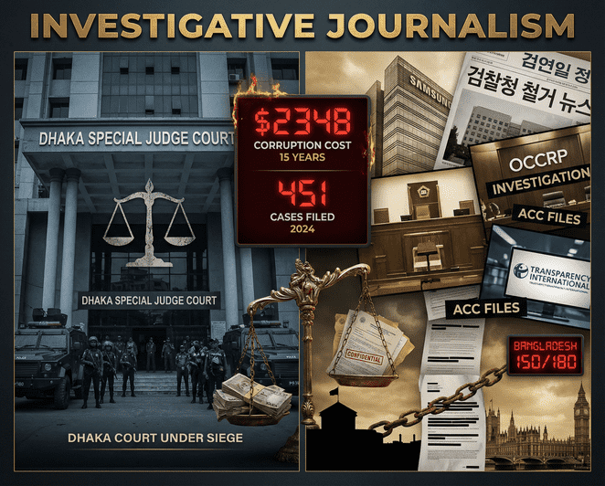 Courtroom and justice scale imagery representing Bangladesh's high-profile corruption trials and global elite crime accountability systems in 2025