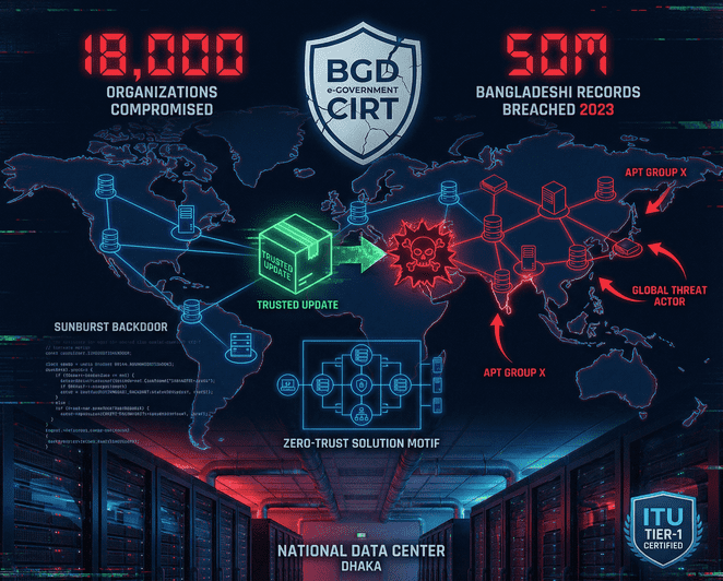 Digital visualization of SolarWinds-style supply chain attack threat to Bangladesh's e-government infrastructure and BGD e-GOV CIRT cybersecurity defense in 2025