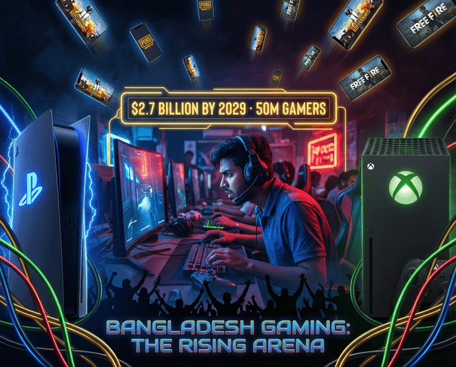 PlayStation 5 and Xbox Series X consoles displayed against a backdrop representing South Asian gaming culture