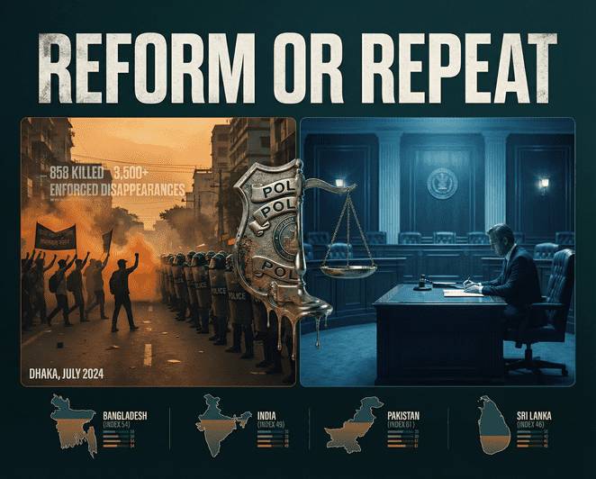 Bangladesh police officers in formation facing protesters during 2024 Dhaka uprising representing South Asian law enforcement reform crisis