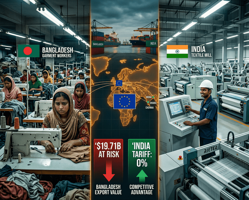 Bangladesh garment workers factory floor EU India free trade deal 2026 threatens 19.71 billion dollar export market