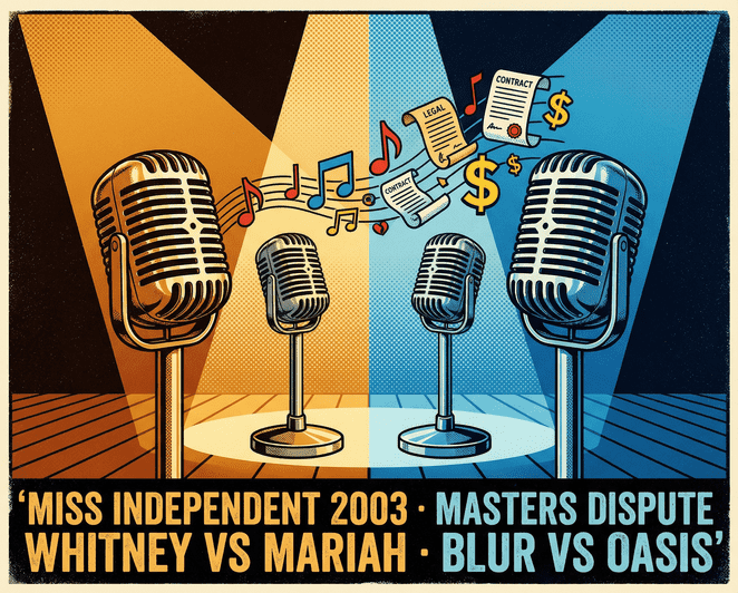 Two microphones facing each other on a stage, representing competing artists in a music industry dispute