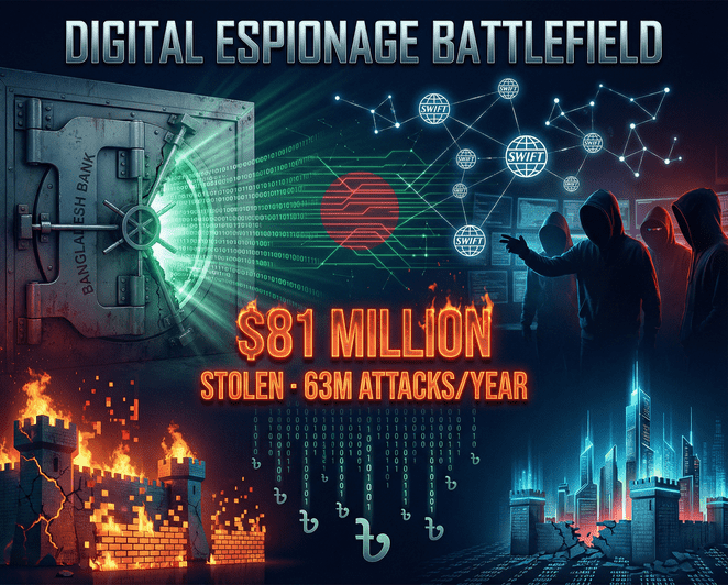 Digital representation of state-sponsored cyberattack targeting a national bank vault