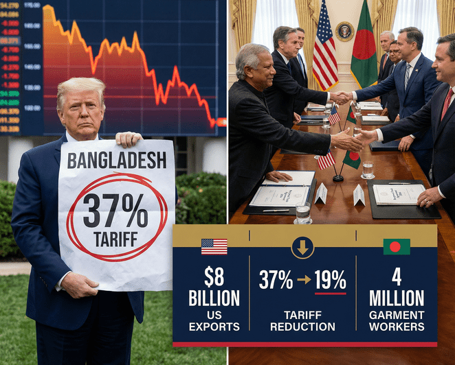 Bangladesh Chief Adviser Muhammad Yunus meeting US officials in Washington, representing the high-stakes diplomatic negotiations over Trump's tariffs and the February 2026 trade agreement