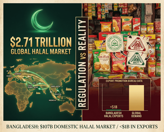 Halal certification documents alongside global halal food market data, representing Bangladesh's opportunity and governance challenges in the $2.71 trillion global halal industry