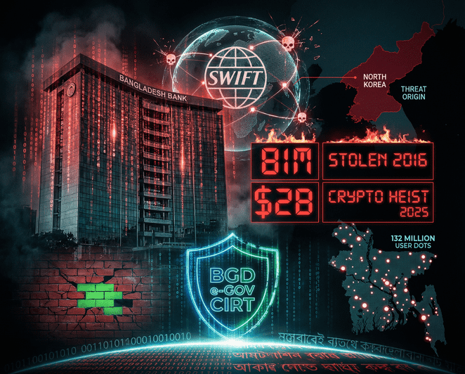 Digital threat visualization showing Bangladesh Bank cyber heist and South Asia cybersecurity defense landscape