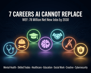 Seven AI-resistant careers illustrated for 2026 — mental health, skilled trades, healthcare, education, social work, creative direction, and cybersecurity — backed by WEF and IMF data.