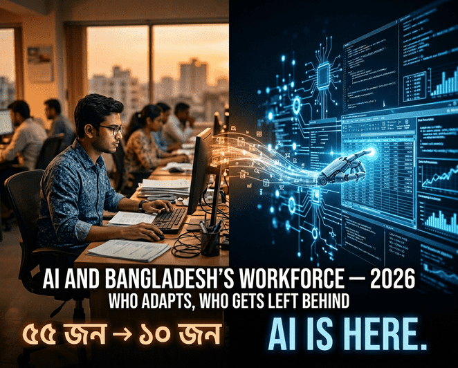 Bangladeshi BPO worker at a computer alongside AI automation symbols, representing the 2026 shift where entry-level IT jobs are being replaced by artificial intelligence.