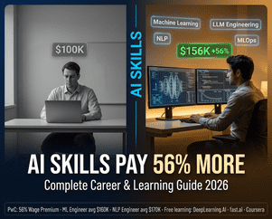 Side-by-side career comparison showing AI-skilled workers earning 56% more, with ML Engineer and NLP Engineer salary benchmarks for 2026 from PwC data.