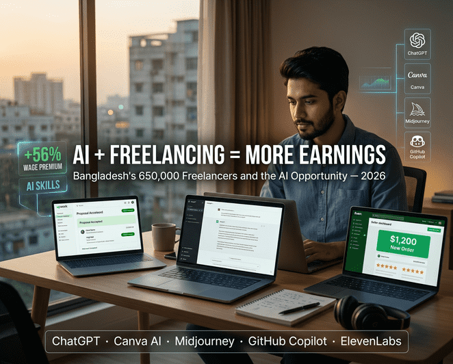 Bangladeshi freelancer using AI tools on Upwork and Fiverr in 2026, with ChatGPT, Canva AI, and Midjourney boosting earnings through the global 56% AI wage premium.