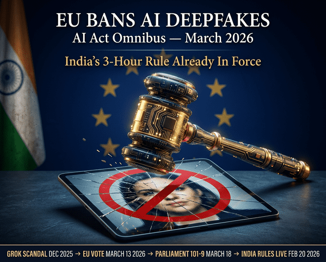 EU member states vote on March 13, 2026 to ban AI systems generating non-consensual sexual deepfakes under the AI Act Omnibus, as India's parallel 3-hour deepfake rule comes into force.
