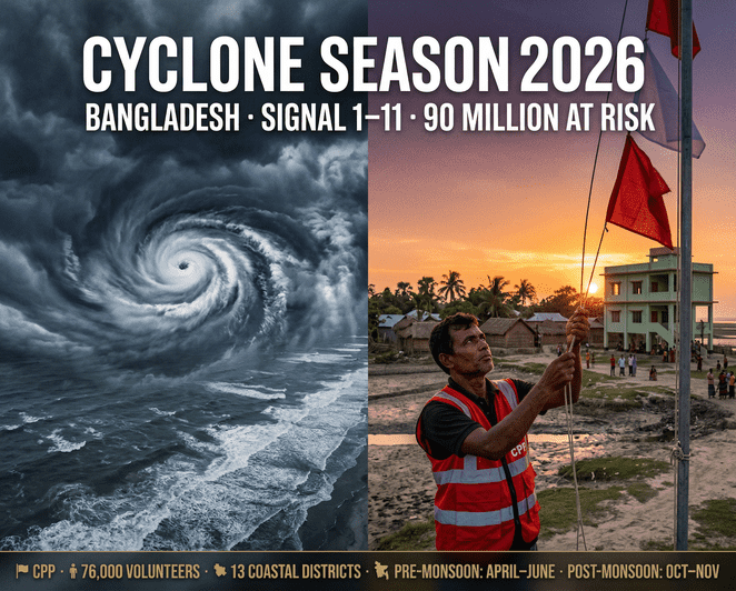 Bangladesh's Cyclone Preparedness Programme covers 13 high-risk coastal districts with 90 million people in the cyclone risk zone, backed by a national early warning system with signals 1 through 11.