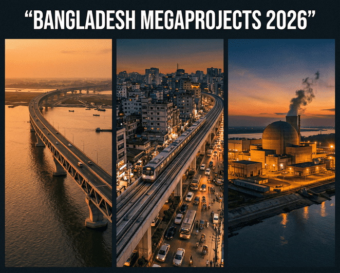 Composite view of Bangladesh's three defining megaprojects in 2026: the Padma Bridge over the Padma River, MRT Line 6 metro rail through Dhaka, and the Rooppur Nuclear Power Plant in Pabna.