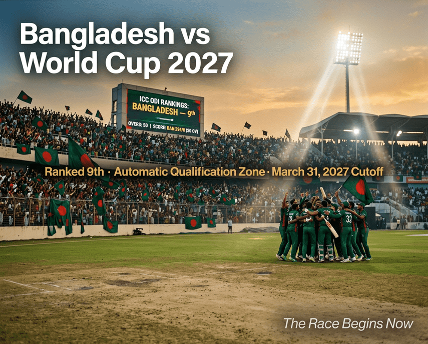 শের-ই-বাংলা স্টেডিয়ামে উদযাপন করছে বাংলাদেশ ক্রিকেট দল — আইসিসি ওডিআই র‌্যাংকিংয়ে এখন নবম এবং ২০২৭ ক্রিকেট বিশ্বকাপের স্বয়ংক্রিয় যোগ্যতার জোনে