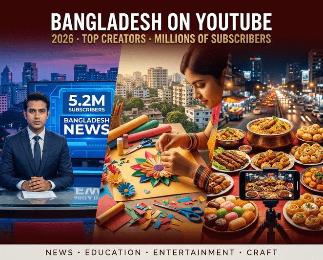 Collage representing Bangladesh's top YouTube creators in 2026 — spanning news, education, craft tutorials, food vlogs, and entertainment channels with millions of subscribers.