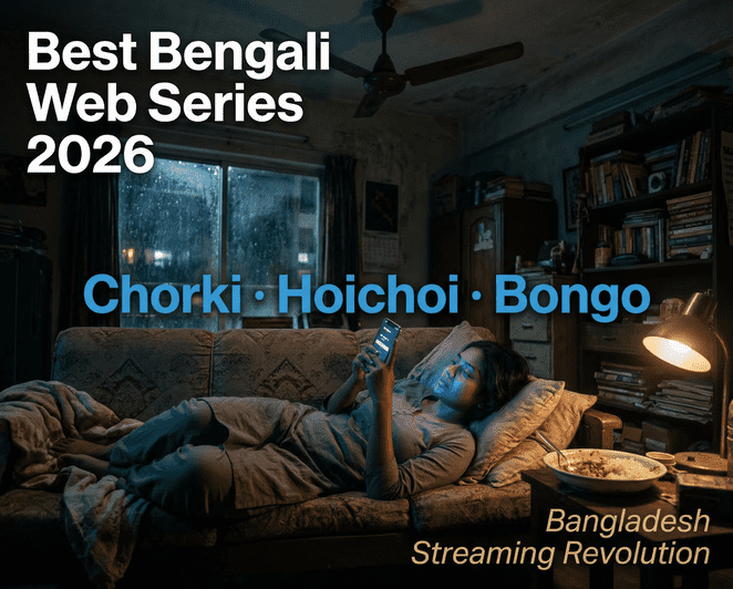 Young Bangladeshi woman watching a web series on her smartphone late at night in a dimly lit Dhaka apartment — capturing the rise of streaming culture in Bangladesh