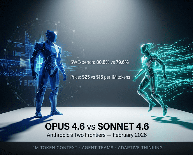 Claude Opus 4.6 and Sonnet 4.6 side-by-side comparison showing benchmark scores, pricing difference and key features including Agent Teams, released by Anthropic in February 2026.