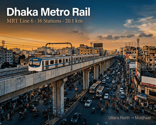 Dhaka Metro Rail MRT Line 6 elevated train running along its 20.1 km route through Dhaka, connecting Uttara North to Motijheel across 16 stations.
