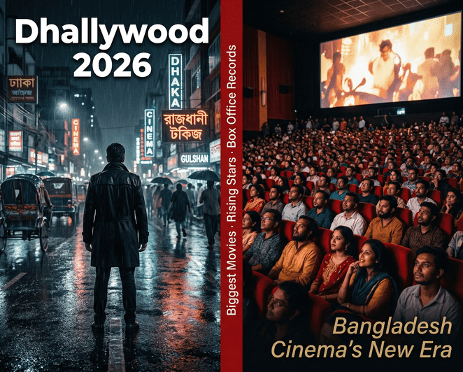 Dhallywood 2026 — packed Bangladesh cinema hall and dramatic Dhaka street scene representing the film industry's biggest Eid release season
