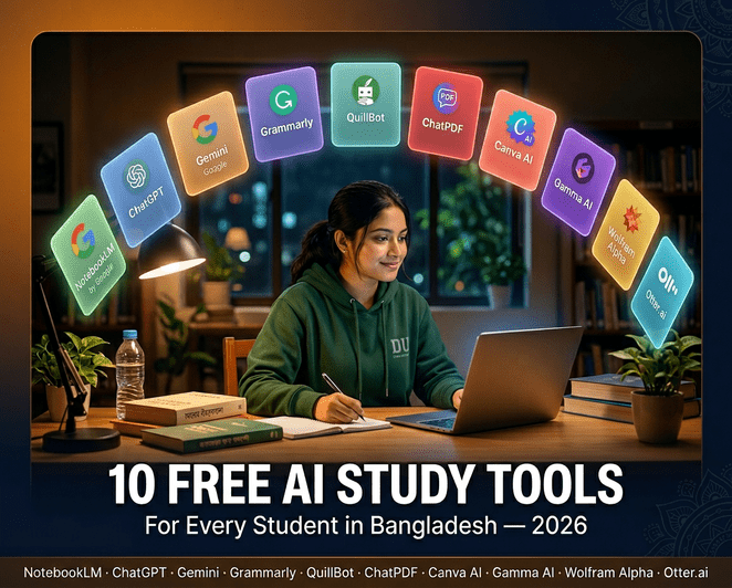 Bangladeshi student using 10 free AI tools in 2026 including NotebookLM, ChatGPT, Grammarly, and Canva AI for studying, writing, and presentations.