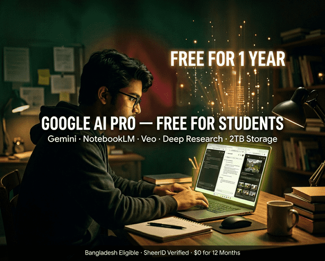 Bangladeshi student accessing Google AI Pro for free using student verification, showing Gemini, NotebookLM, and Veo tools available at no cost for 12 months.