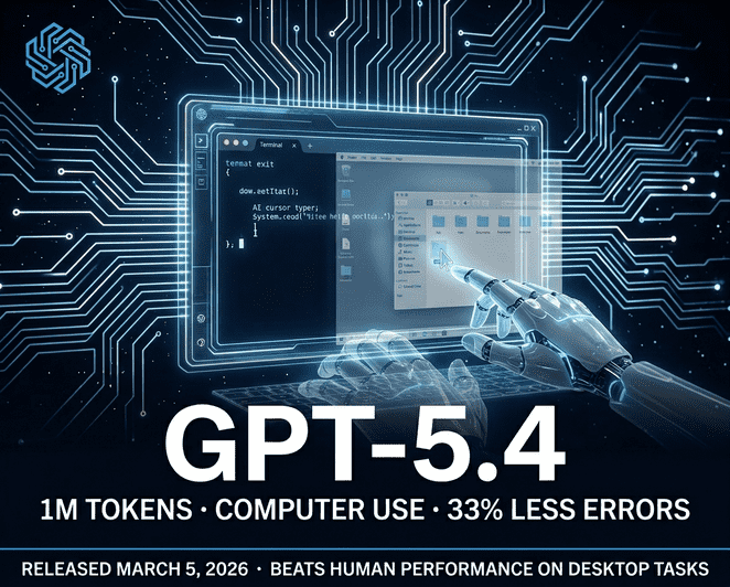 GPT-5.4 AI model interface showing computer use and 1 million token context window capabilities, released by OpenAI on March 5, 2026.
